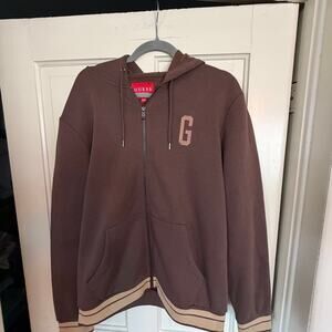 GUESS Men's Chocolate Brown Varsity Zip-Up Patch Hoodie